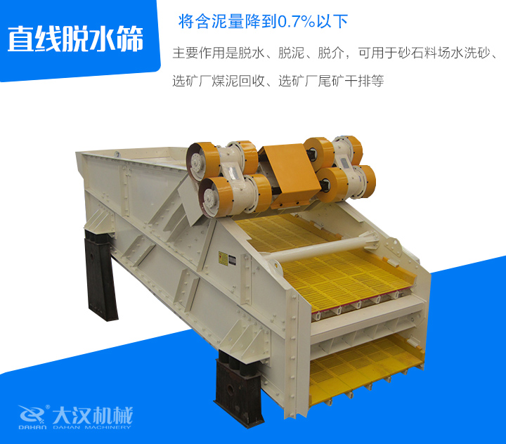 直線脫水篩主要作用是脫水、脫泥、脫介，可用于砂石料場水洗砂、 選礦廠煤泥回收、選礦廠尾礦干排等